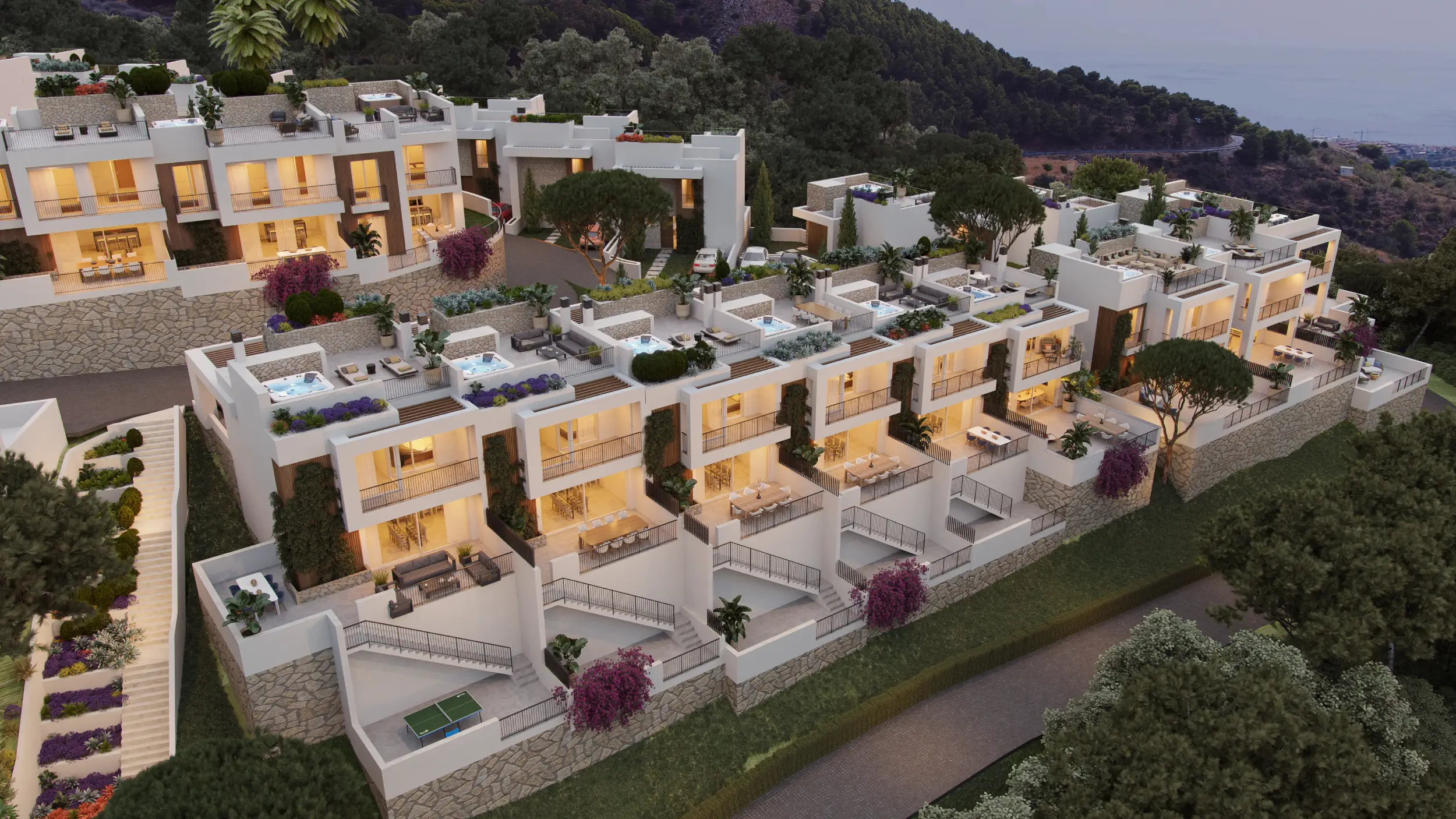 Vista al atardecer del conjunto de villas de Buenavista Views, render del proyecto