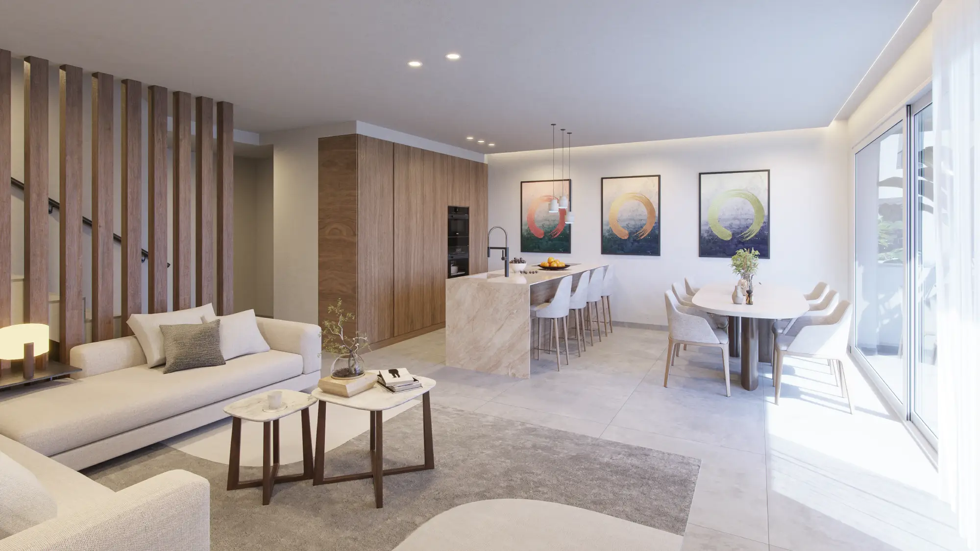 Salón, cocina y comedor abiertos a la terraza, render de Buenavista Views